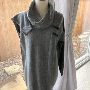 Ellen Tracy Gray Merino Wool Cowl Neck Sweater with Buckle Accents Size M